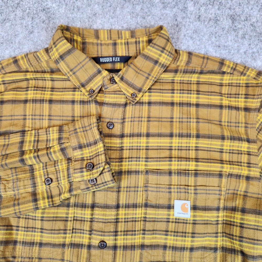 Carhartt Rugged Flex Shirt Men XL Yellow Flannel Plaid Relaxed Fit Workwear